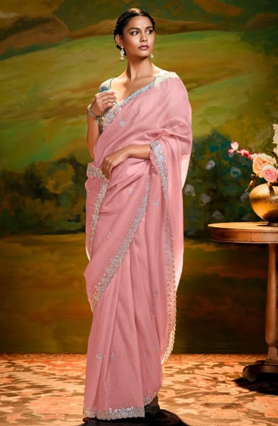 Coral Pink Embroidered Designer Saree for Wedding