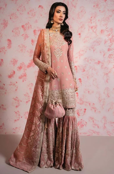 Coral Pink Embroidered Faux Georgette Sarara Kameez