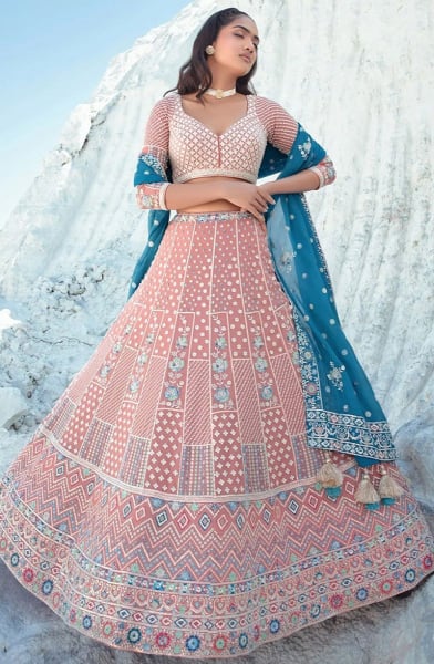 Coral Pink Embroidered Georgette Designer Lehenga Choli