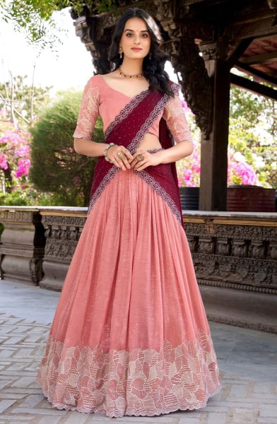 Coral Pink Embroidered Lehenga Choli for Ceremonial