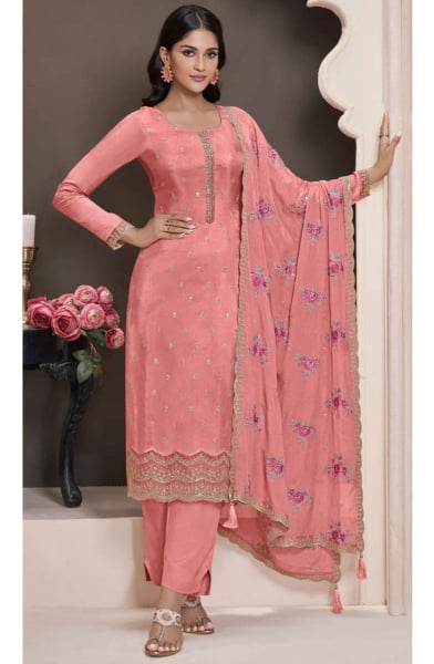 Coral Pink Embroidered Moonga Silk Pant Kameez