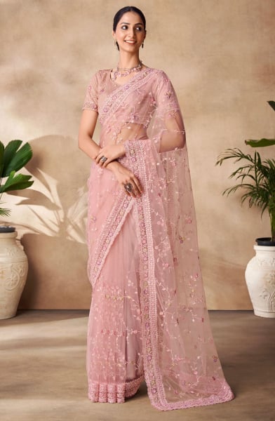 Coral Pink Embroidered Net Designer Saree