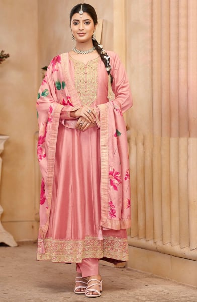 Coral Pink Embroidered Silk Anarkali Dress for Festival