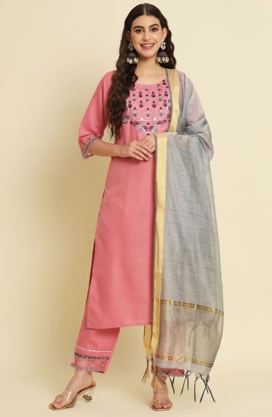 Coral Pink Embroidered Silk Blend Readymade Suit