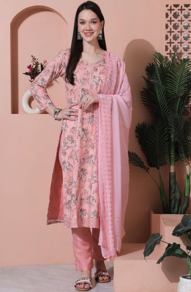 Coral Pink Floral Print Cotton Pant Kameez