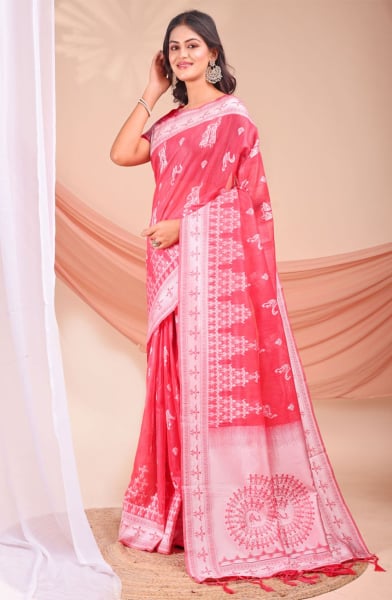 Coral Pink Linen Cotton Party Wear Saree