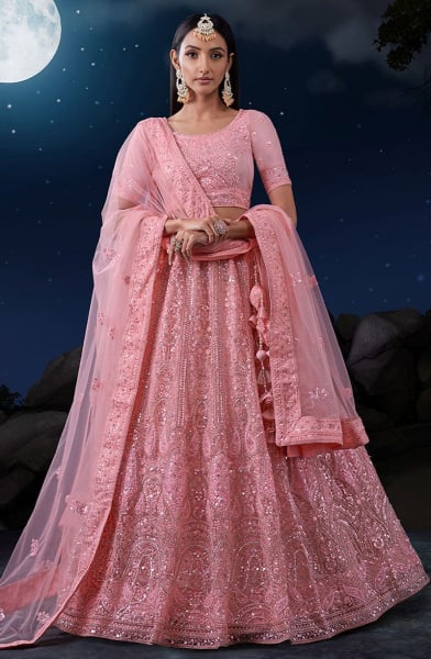 Coral Pink Net Heavy Sequins Embroidered Lehenga Choli Set