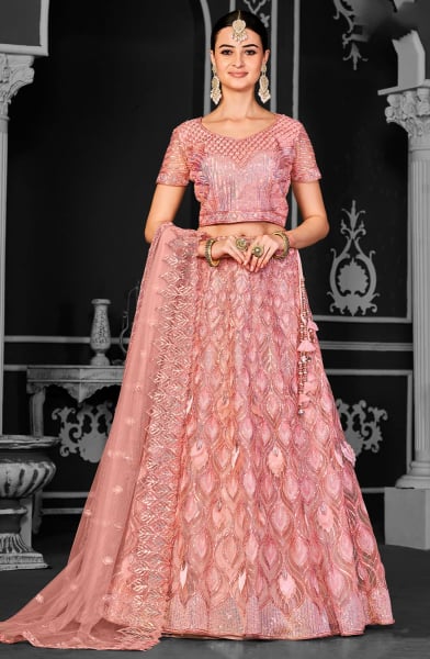 Coral Pink Net Semi Stitched Lehenga Choli and Dupatta