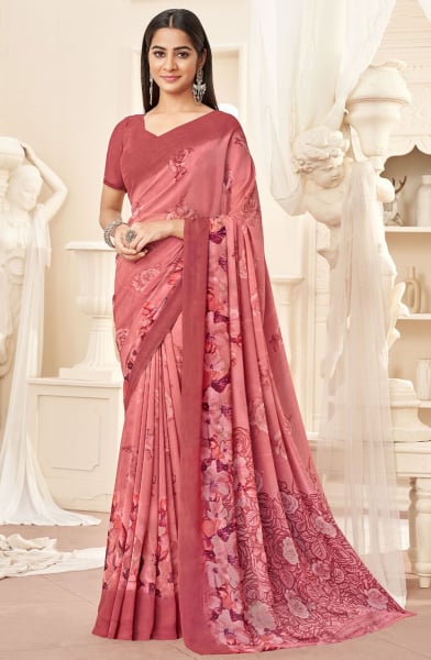Coral Pink Printed Georgette Casual Wear Saree
