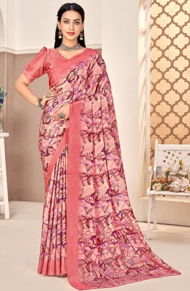 Coral Pink Printed Silk Crepe Saree