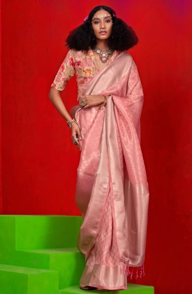 Coral Pink Pure Viscose Zari Tissue Silk Saree