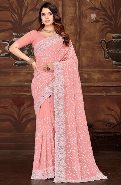 Coral Pink Resham Embroidered Georgette Saree