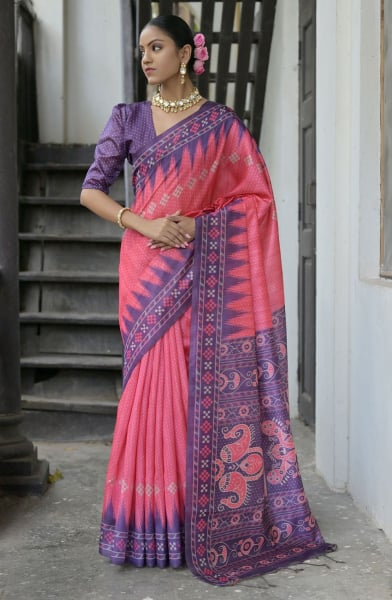 Coral Pink Soft Tussar Silk Zari Woven Saree
