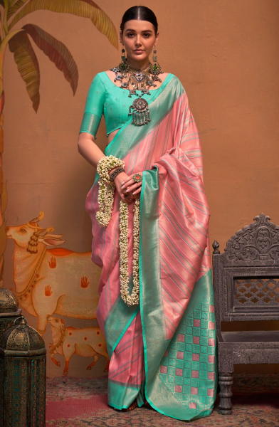 Coral Pink Zari Weaving Silk Saree