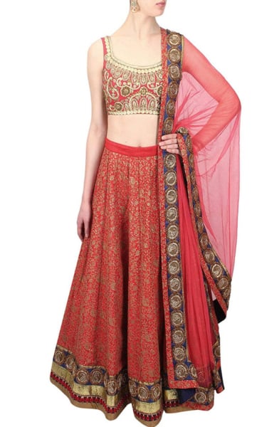 Coral Red Art Silk Lehenga Choli Set for Wedding