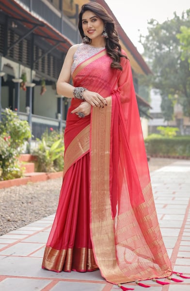 Coral Red Chiffon Saree