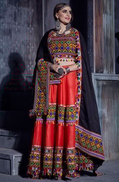 Coral Red Gamthi Work Cotton Chaniya Choli for Festival