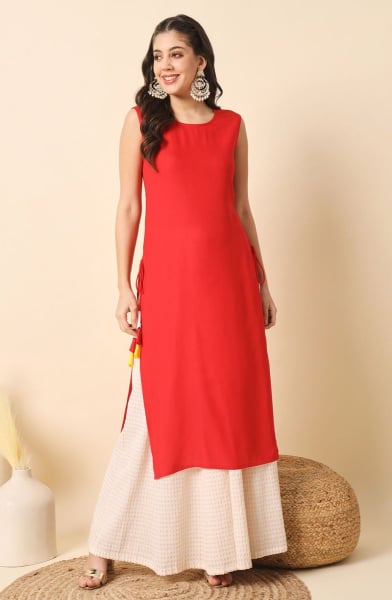 Coral Red Solid Rayon Kurti