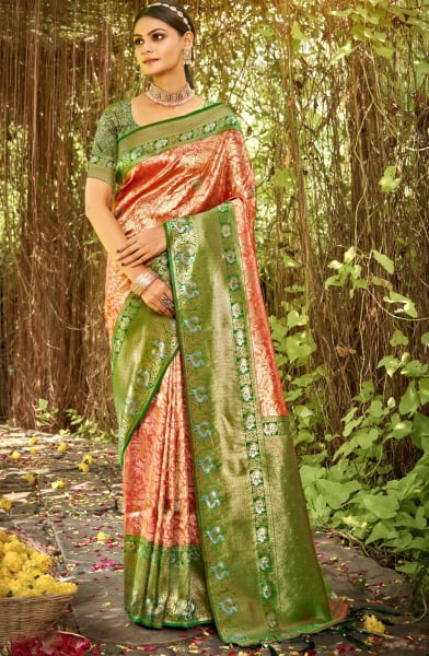 Coral Red Woven Kanjivaram Silk Saree