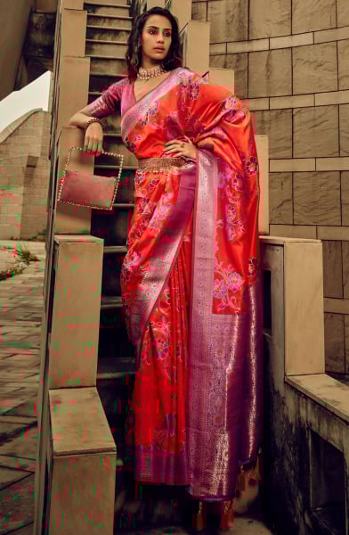 Coral Red Zari Woven Satin Brasso Saree