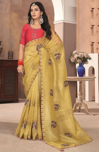 Corn Yellow Embroidered Silk Designer Saree