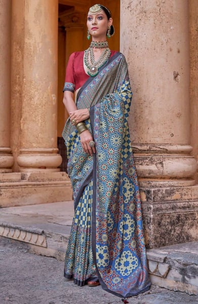 Cream and Blue Ajrakh Print Viscose Silk Saree
