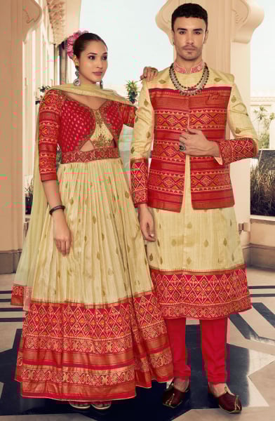 Cream and Hot Red Viscose Silk Designer Combo