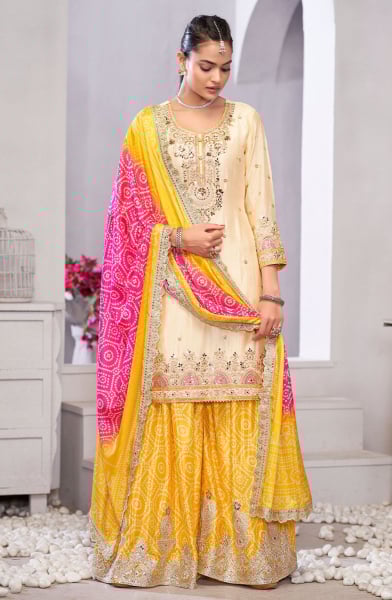 Cream and Maize Yellow Embellished Chinnon Palazzo Kameez