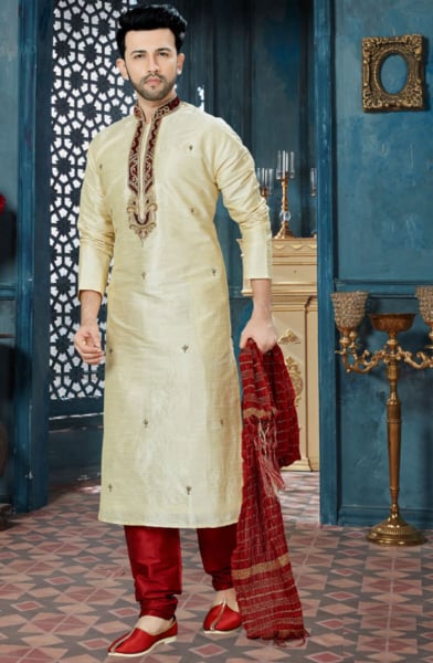 Cream Art Dupion Kurta Set for Festival