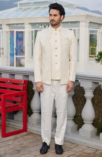 Cream Art Silk Computer Embroidered 3 Piece Jodhpuri