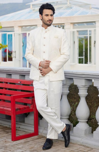 Cream Art Silk Computer Embroidered 3 Piece Jodhpuri