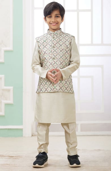 Cream Art Silk Kids Kurta Set with Jacket