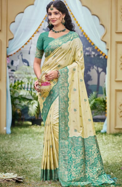 Cream Banarasi Silk Woven Work Saree