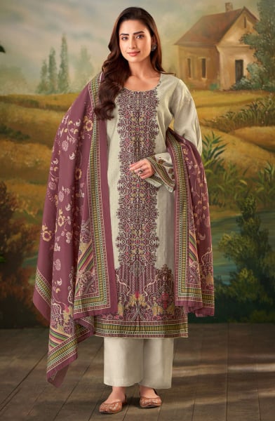 Cream Digital Print Muslin Trouser Kameez