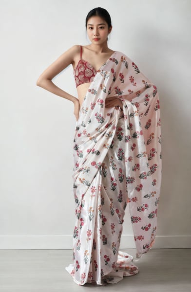 Cream Digital Printed Party Wear Saree