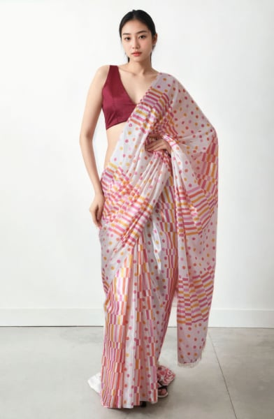 Cream Digital Printed Party Wear Saree