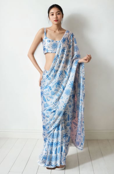 Cream Digital Printed Party Wear Saree
