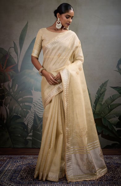 Cream Embellished Linen Tissue Saree