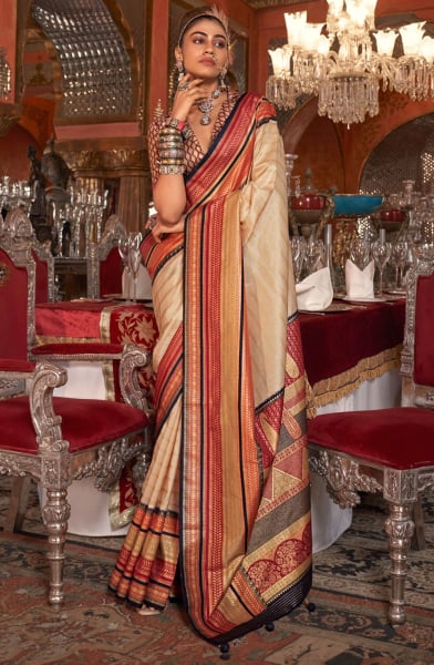 Cream Embellished Silk Saree for Festival