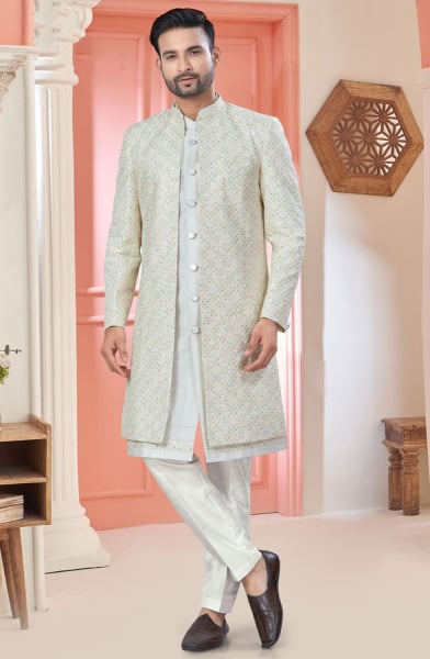 Cream Embroidered Art Silk Designer Indo Western