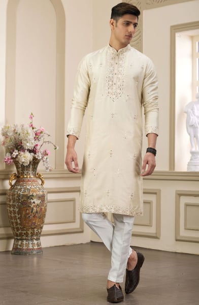 Cream Embroidered Banarasi Art Silk Kurta Set
