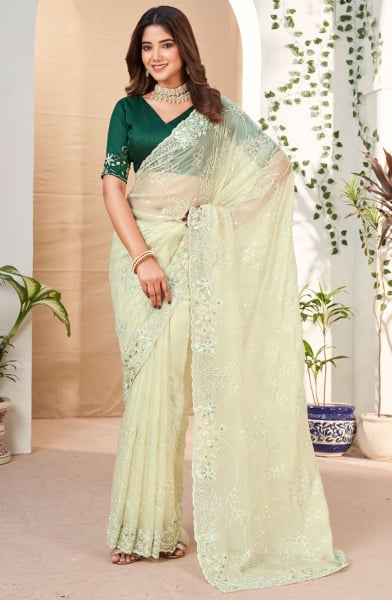 Cream Embroidered Designer Saree for Ceremonial