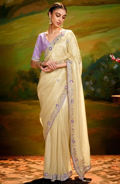 Cream Embroidered Designer Saree for Wedding