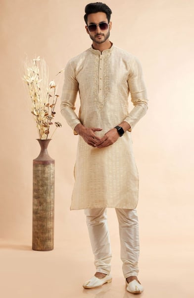 Cream Embroidered Jacquard Art Silk Kurta Set