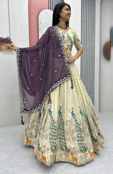 Cream Embroidered Pure Tissue Silk Lehenga Choli