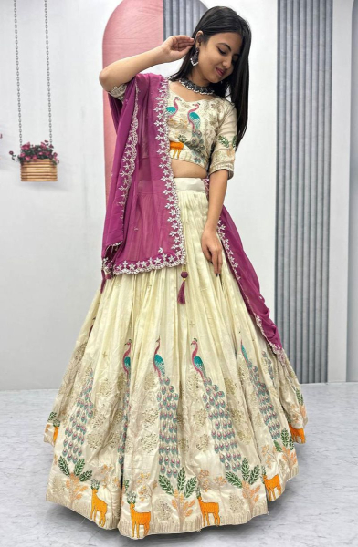 Cream Embroidered Pure Tissue Silk Lehenga Choli