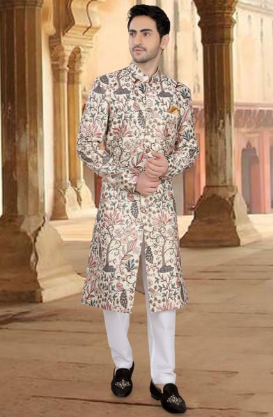 Cream Embroidered Silk Designer Sherwani