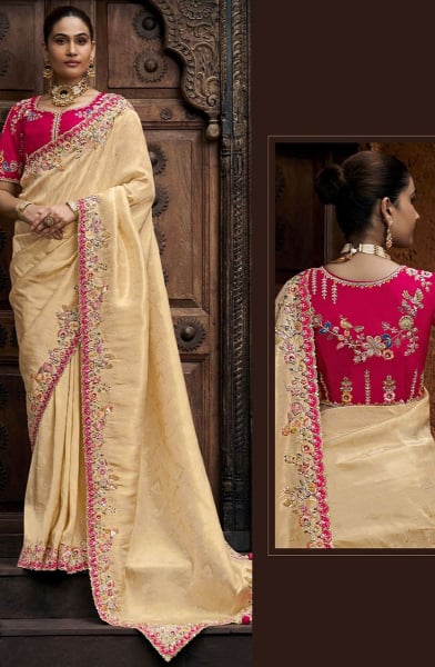 Cream Embroidered Viscose Tissue Designer Saree