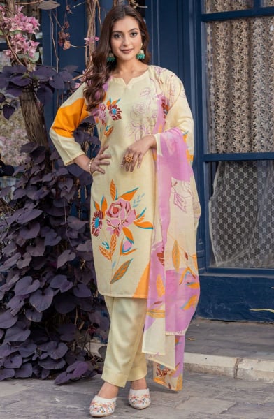 Cream Floral Print Cotton Blend Pant Kameez