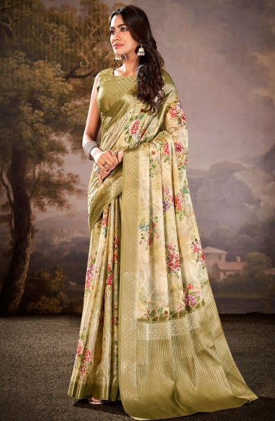 Cream Floral Print Cotton Silk Saree